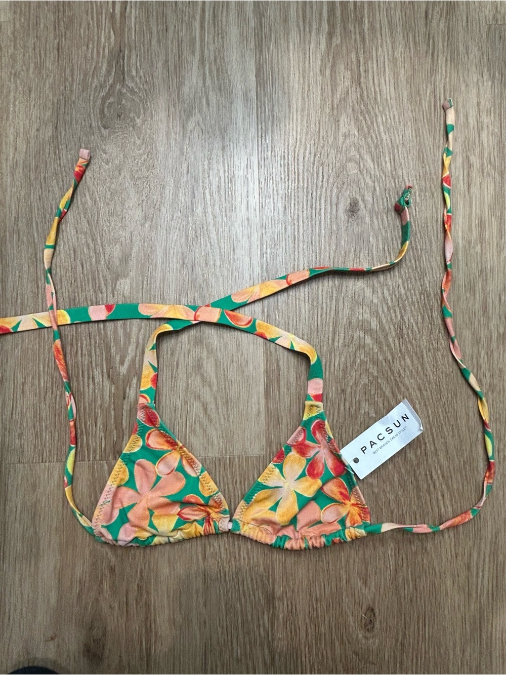 PacSun Green Floral Triangle Bikini Top with Peach & Yellow Blooms